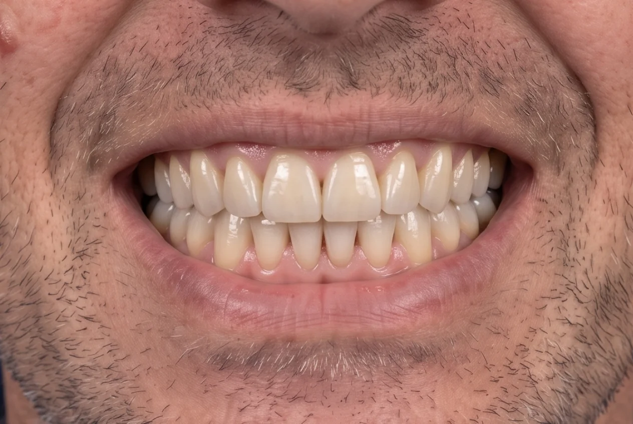 Po ošetrení — Zubný kameň, ustupujúce ďasná a odlomený predný zub.