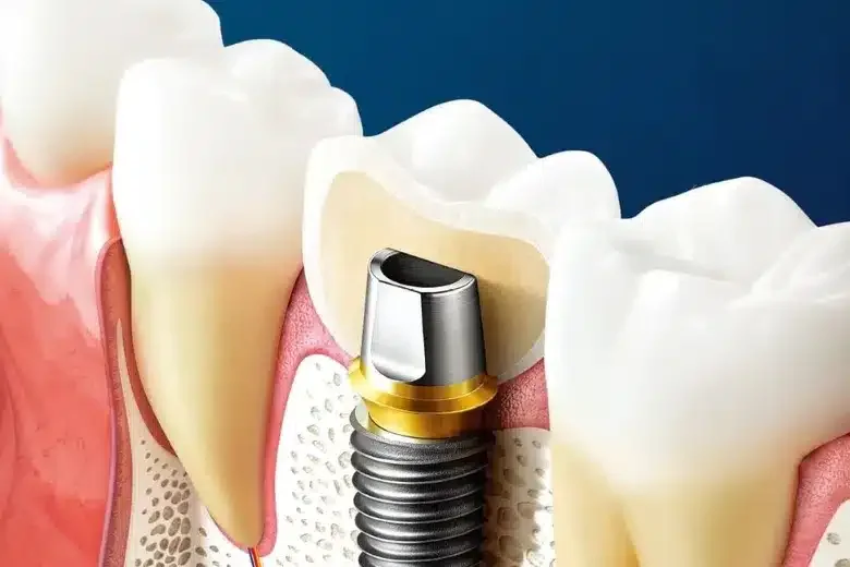 Rez čeľusťou: titánová skrutka implantátu v kosti, na nej kovová nadstavba a korunka, vedľa vlastné zuby s koreňmi a ďasnom